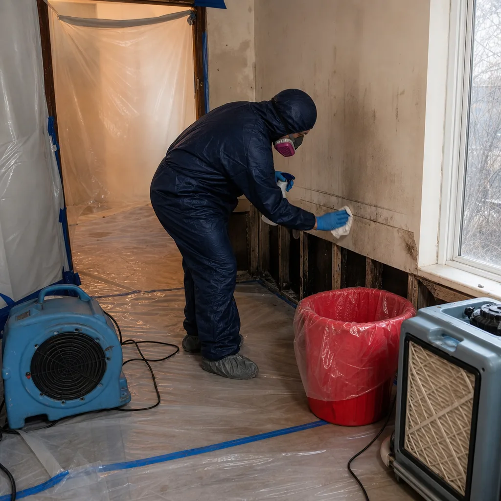 Professional in protective suit performing biohazard damage remediation on wall in Ditmars Steinway, NY