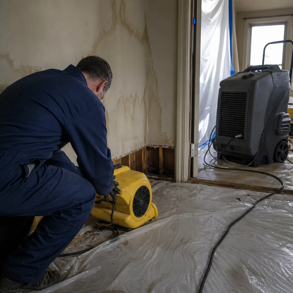 Technician using commercial drying equipment for professional water damage restoration services in Harlem, NY