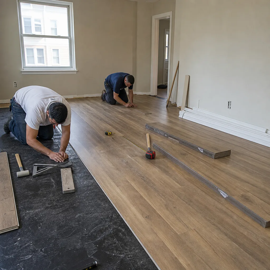Professional contractors installing wood plank flooring in a home renovation project in Greenpoint, NY