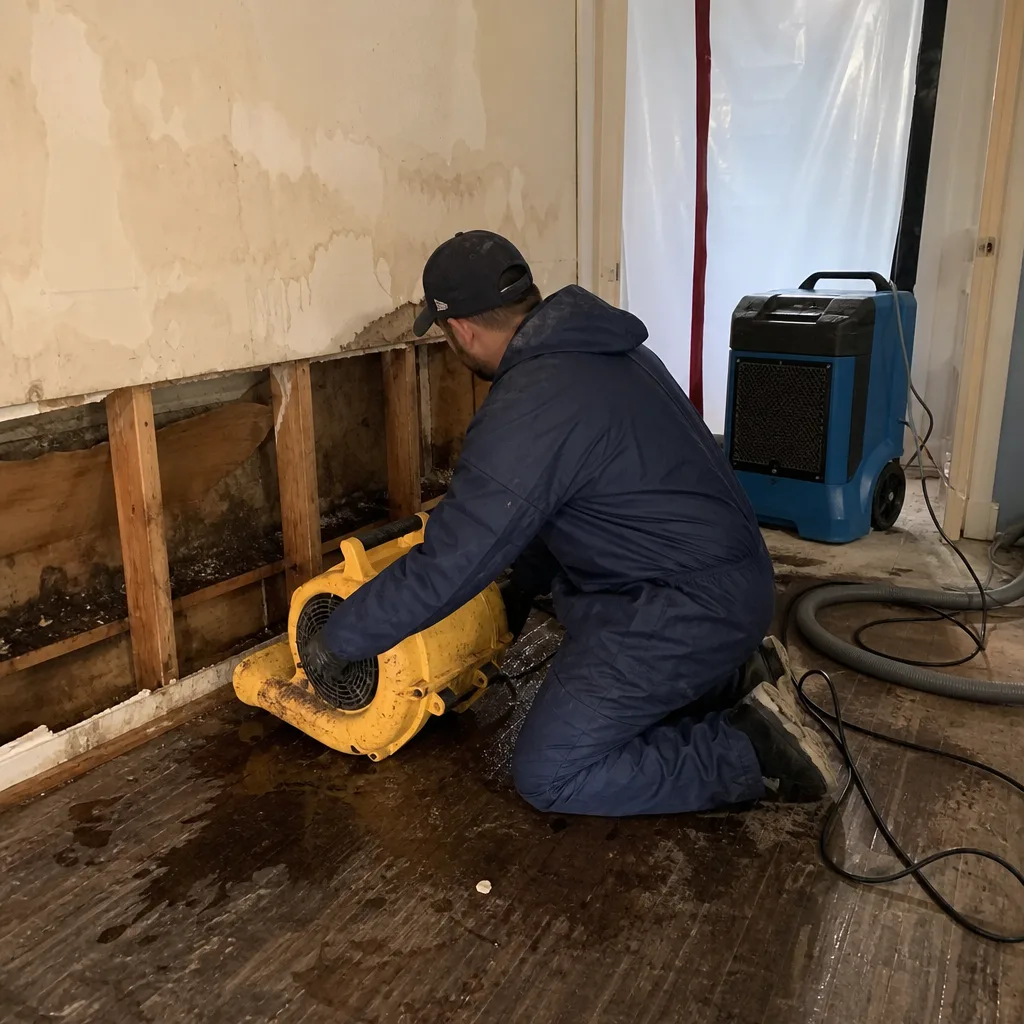 Professional restoration technician using drying equipment for water damage remediation in Corona, NY