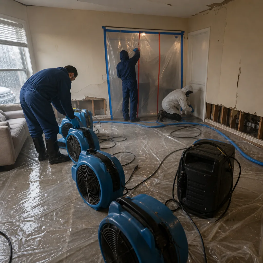 Disaster restoration team performing professional sanitization services and water damage drying in Corona, NY