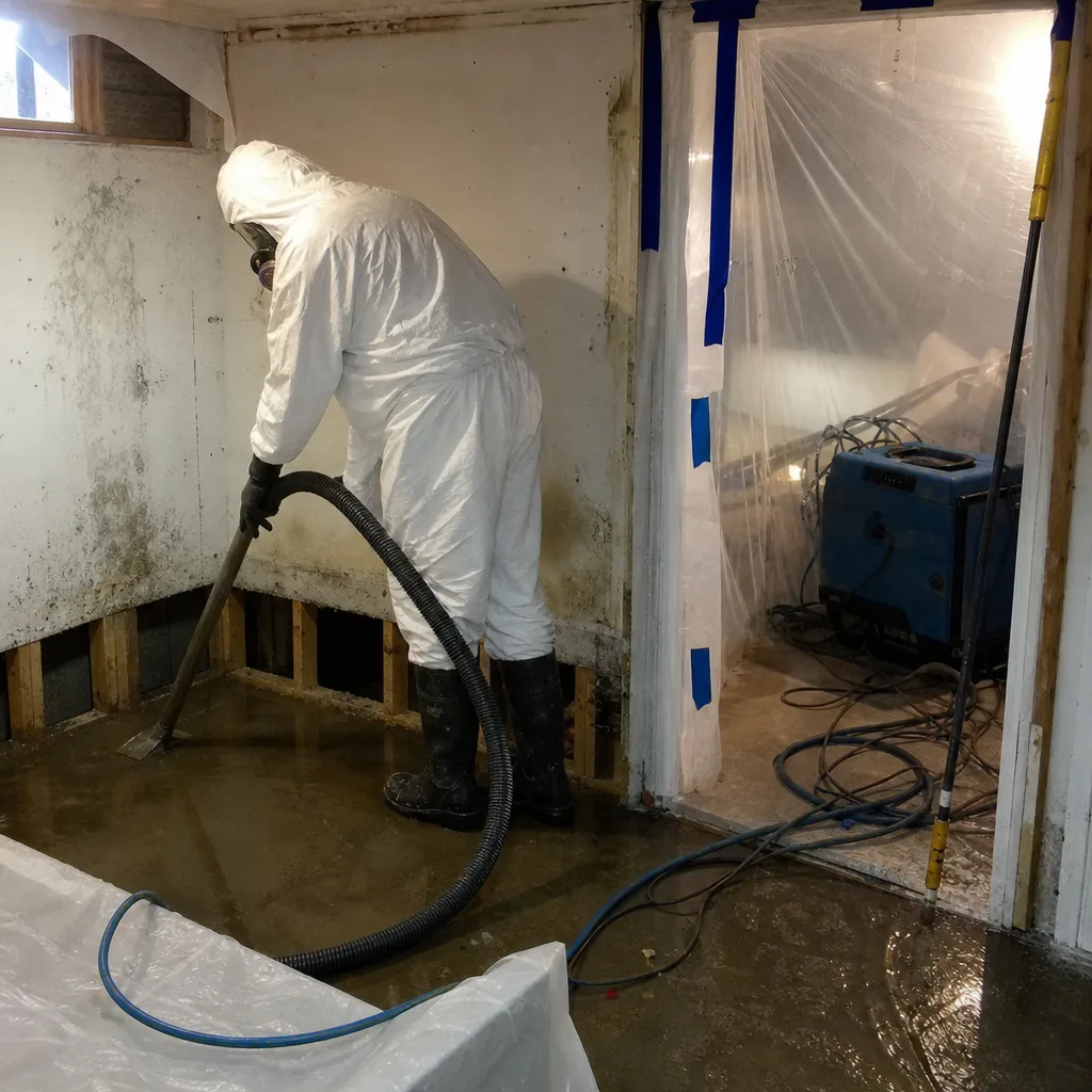Technician in protective suit performing professional sewage cleanup and water extraction in Ditmars Steinway, NY