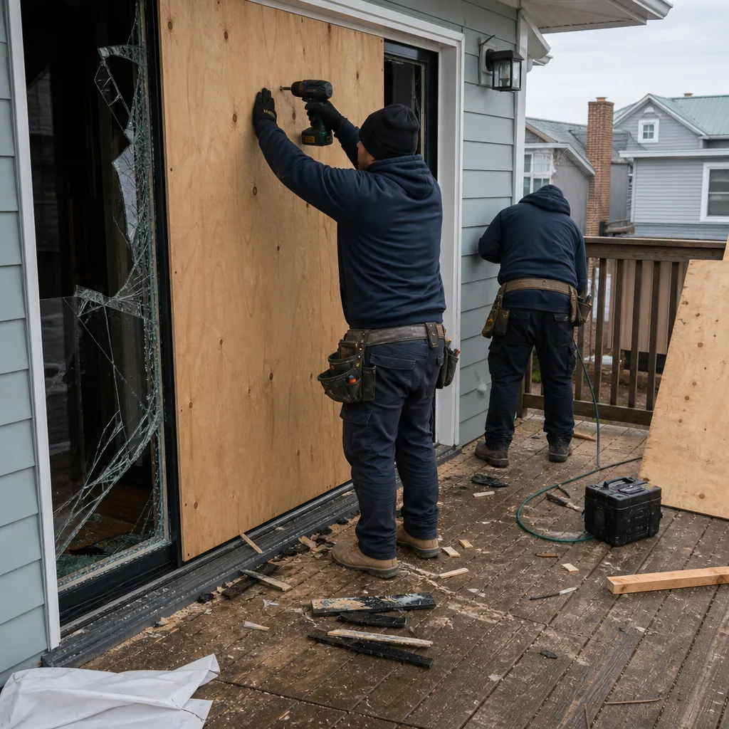 Contractors boarding up a broken window following storm damage in Upper Manhattan, NY