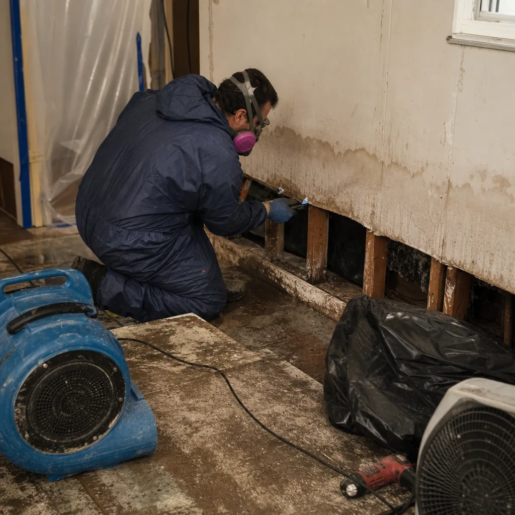 Professional restoration worker repairing water damage in a residential interior. in Upper Manhattan, NY